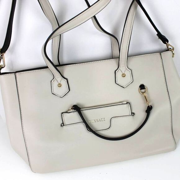 Gussaci Women's Large Tote Shoulder Handbag Minimalist Neutral Cream Black Trim - Picture 4 of 12